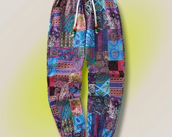 Men's Boho Patchwork Print Pants with Pockets, Lightweight Casual Cotton Trousers, Relaxed Fit Summer Jogger Pants, Drawstring Waist