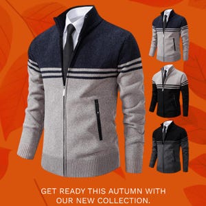 Herr vinterfleece-tröja - Tjock varm kofta med dragkedja, randig jacka med stående krage, avslappnad modejacka, mjuk stickad tröja