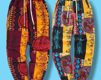 Calça masculina de linho com estampa étnica boho, calça jogger em mistura de algodão elástico, calça leve de verão com bolsos, calça casual com cordão.