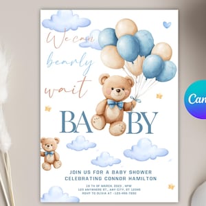 Invitation de shower de bébé modifiable ours, bleu garçon Boho ours baby shower d'invitation, invitation de baby shower, ours en peluche, téléchargement immédiat