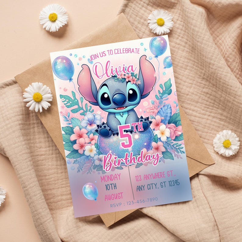 May include: A birthday invitation featuring a cartoon character, balloons, and floral elements. The invitation is for a 5th birthday and includes the name "Olivia", date, time, and RSVP information. The color scheme is pink and blue.