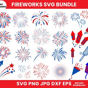 May include: A collection of 40 fireworks designs in red, white, and blue. The designs include various firework bursts and rocket illustrations. Text at the top reads "FIREWORKS SVG BUNDLE". The bottom text indicates file formats: SVG, PNG, JPG, DXF, EPS.