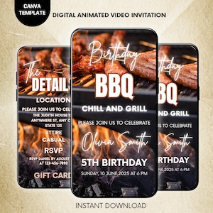 May include: Digital animated video invitation for a BBQ birthday party. The design features a smartphone with a BBQ grill image, text that reads "Birthday BBQ Chill and Grill", and event details. The invitation is an instant download.