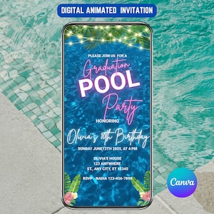 Puede incluir: Una invitación digital animada en la pantalla de un smartphone. La invitación es para una fiesta en la piscina de graduación y el décimo cumpleaños de Olivia. El texto es en blanco y rosa, sobre un fondo de agua azul. El logotipo de Canva está en la esquina inferior derecha.