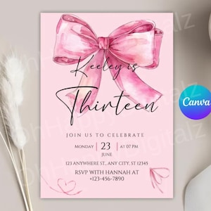 Rosa Schleife Coquette Bow Geburtstagseinladung 13. Geburtstag Mädchen Einladung Teen Geburtstag einladen Coquette Bow Canva Vorlage, digitaler Download