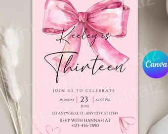 Pink Bow Coquette Bow Birthday Invitation, 13th Birthday Girl Invitation, Teen Birthday Invite, Coquette Bow,Canva Template,Digital Download
