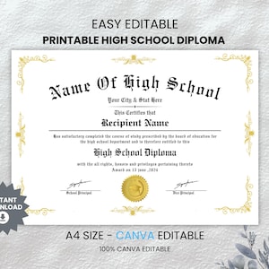Modèle imprimable de diplôme d'études secondaires, diplôme d'études secondaires à domicile, diplôme d'études secondaires, modèle réplique de diplôme, téléchargement numérique, modèle canva