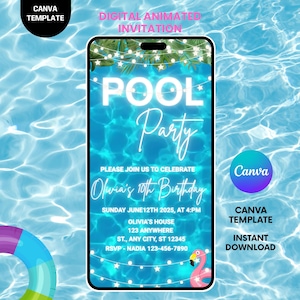 Neon Pool Party Birthday Invitation Video: Editable Beach Theme (Digital Download