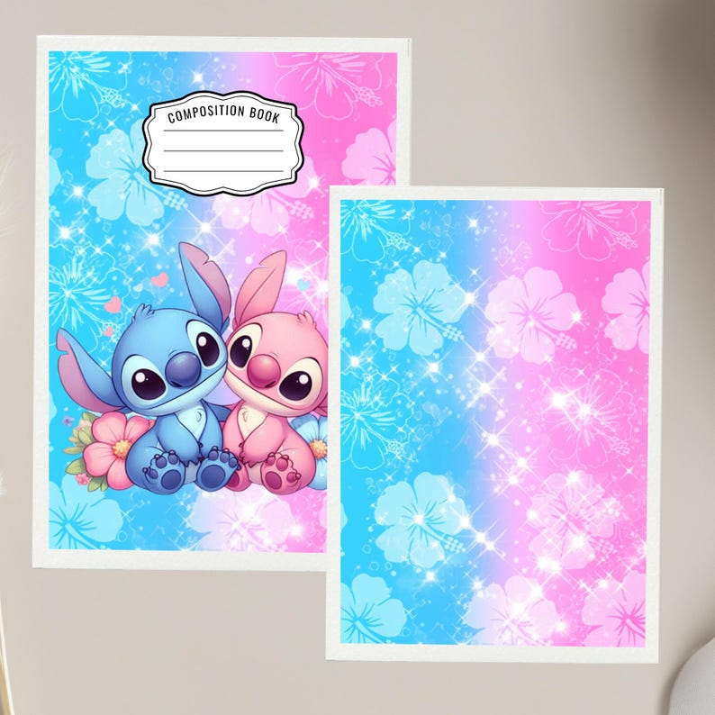 May include: Composition book with a blue and pink design, featuring a cartoon character illustration. The cover has a blue and pink gradient background with hibiscus flowers and sparkles. The composition book has a white border and the words "Composition Book" are printed on the cover.