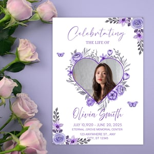 May include: A memorial card with a photo of a woman inside a heart-shaped floral design. The card reads "Celebrating the Life of Olivia Smith" with dates and memorial information. Purple and gray floral accents decorate the corners.