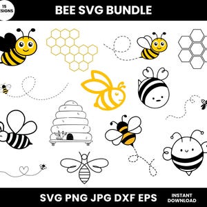 May include: A set of 15 bee SVG designs, including bees, honeycombs, and beehives. The designs are in black and white and yellow. The text "BEE SVG BUNDLE" is at the top of the image. The text "INSTANT DOWNLOAD" is at the bottom of the image. The text "SVG PNG JPG DXF EPS" is in the centre of the image.