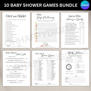 May include: A bundle of ten baby shower games printed on white paper. Games include "Over or Under," "Baby Emoji Dictionary," "Guess Who Mommy or Daddy," "Baby Shower Mad Libs," "Baby Animal Name Game," and "Baby Johnson Predictions and Advice."