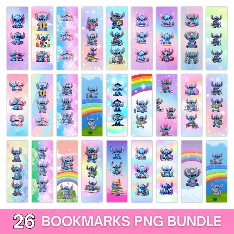 May include: A collection of 26 colorful bookmarks featuring the character Stitch from the animated movie Lilo & Stitch. Each bookmark showcases Stitch in various poses and settings, with vibrant backgrounds and designs. The text "26 BOOKMARKS PNG BUNDLE" is at the bottom.