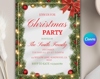 Weihnachtsfeier-Einladungsvorlage, Feiertagsparty einladen, bearbeitbare Weihnachtseinladung, Canva-Vorlage, digitaler Download, druckbar