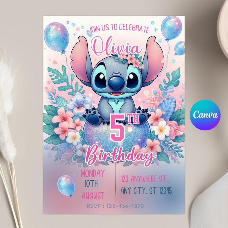 May include: A birthday invitation featuring a cartoon character, Stitch, surrounded by flowers and balloons. The invitation is for a 5th birthday and includes the name Olivia, date, time, and RSVP information. The color scheme is pastel pink and blue.