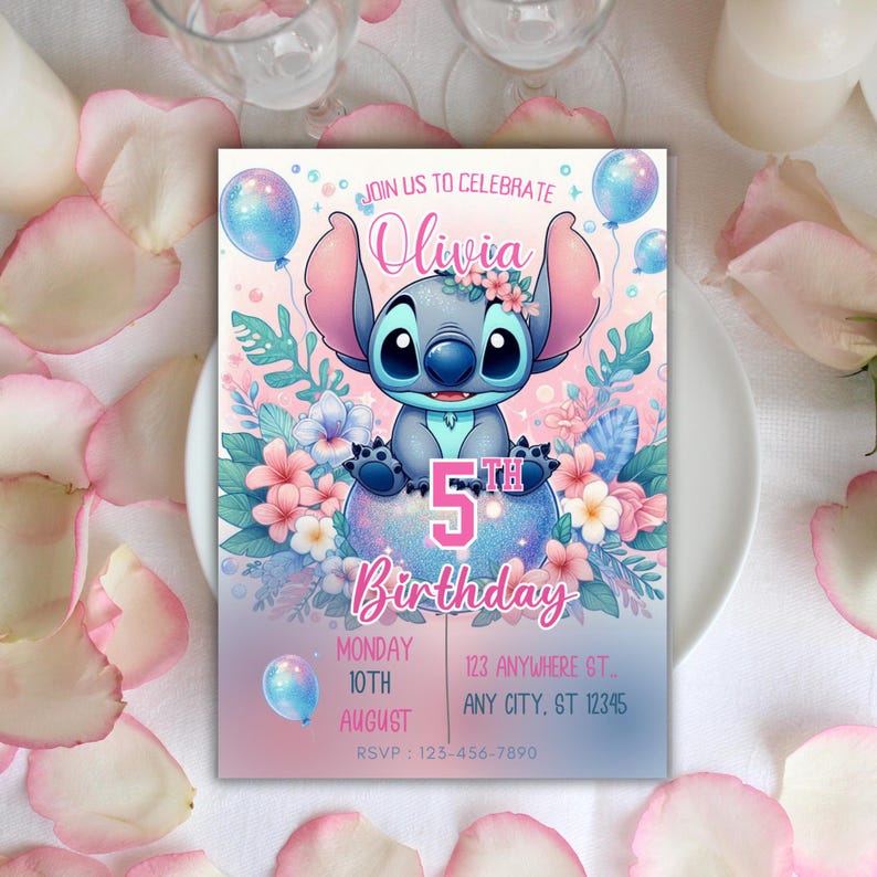 May include: A birthday invitation featuring a cartoon character, Stitch, surrounded by flowers and balloons. The invitation reads "Join us to celebrate Olivia's 5th Birthday" with event details. The color scheme is pastel pink and blue.