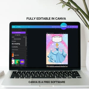 Op de afbeelding: Een laptop met een Canva-ontwerp met een Assepoester-illustratie op een kaft van een schrift. Het ontwerp gebruikt tinten blauw, roze en paars. De tekst op het scherm luidt "FULLY EDITABLE IN CANVA" en "CANVA IS A FREE SOFTWARE."