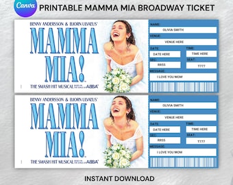 Entrada imprimible para Mamma Mia de Broadway, invitación para musical, entrada inspirada en Mamma Mia, regalo para concierto, plantilla editable en Canva, descarga digital.