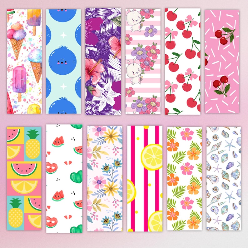 May include: A collection of colorful bookmarks with various designs. The designs include ice cream cones, blueberries, tropical flowers, cute bunnies with flowers, cherries, watermelons, pineapples, lemons, and seashells. Each bookmark is rectangular and features a unique pattern.