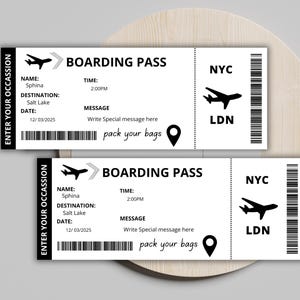 May include: Two black and white boarding passes with the text "ENTER YOUR OCCASSION" on the left side and "BOARDING PASS" on the right side. The top pass has the text "NYC" and "LDN" on the right side. The bottom pass has the text "NYC" and "LDN" on the right side. The text "pack your bags" is on both passes.