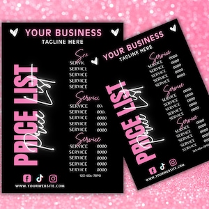 Może przedstawiać: R&oacute;żowa i czarna lista cen z tekstem "YOUR BUSINESS TAGLINE HERE" u g&oacute;ry. Lista zawiera usługi i ceny. Na dole listy znajdują się ikony medi&oacute;w społecznościowych i adres strony internetowej.