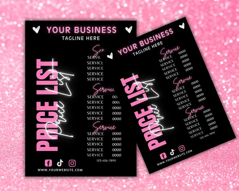 Może przedstawiać: R&oacute;żowa i czarna lista cen z tekstem "YOUR BUSINESS TAGLINE HERE" u g&oacute;ry. Lista zawiera usługi i ceny. Na dole listy znajdują się ikony medi&oacute;w społecznościowych i adres strony internetowej.