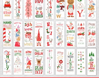 May include: A collection of 50 Christmas-themed bookmarks with various designs. Each bookmark features festive illustrations, including Santa Claus, snowmen, gnomes, and holiday phrases. The bookmarks are rectangular and have a white background.