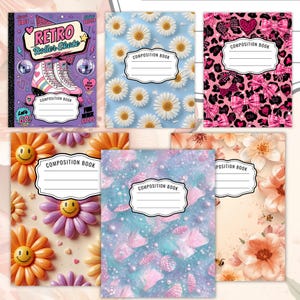 K&ouml;nnte beinhalten: Sechs Notizhefte mit verschiedenen Einbanddesigns, darunter ein lila Retro-Rollschuh-Motiv, ein wei&szlig;es G&auml;nsebl&uuml;mchenmuster auf Blau, ein rosa Leopardenmuster mit Schleifen, l&auml;chelnde Blumen, eine blaue Glitzertextur und pfirsichfarbene Blumenillustrationen.