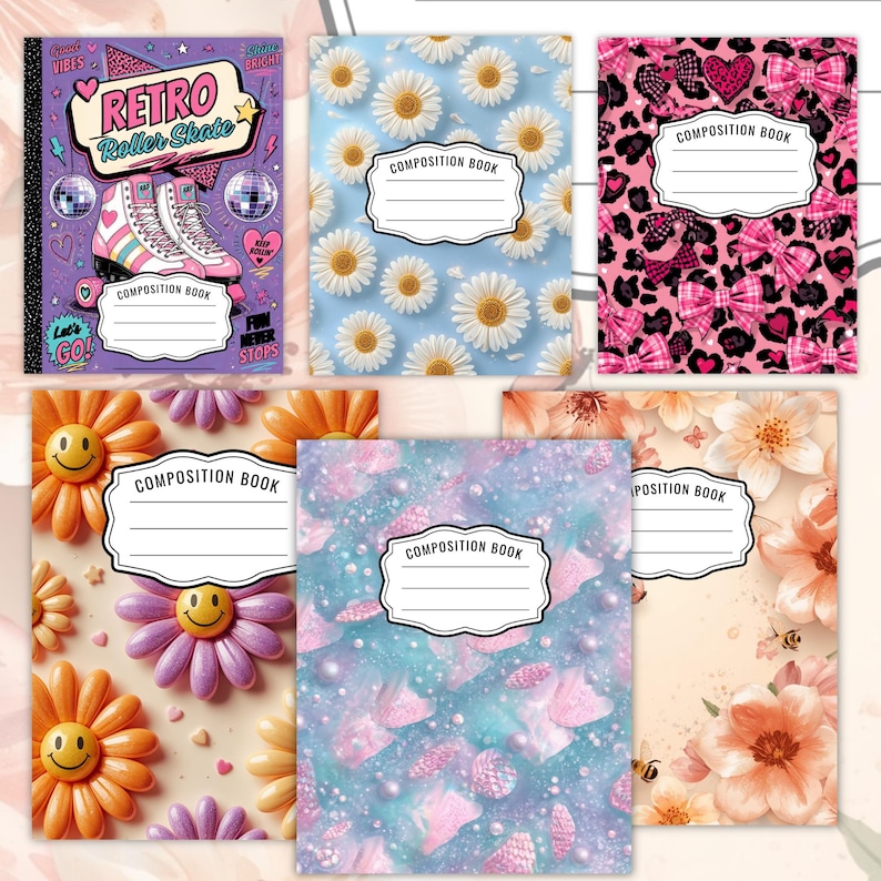 K&ouml;nnte beinhalten: Sechs Notizhefte mit verschiedenen Einbanddesigns, darunter ein lila Retro-Rollschuh-Motiv, ein wei&szlig;es G&auml;nsebl&uuml;mchenmuster auf Blau, ein rosa Leopardenmuster mit Schleifen, l&auml;chelnde Blumen, eine blaue Glitzertextur und pfirsichfarbene Blumenillustrationen.