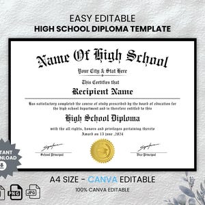 Editable High School Diploma Template, High School Diploma, Diploma Replica Template, Home School Diploma, Instant Download