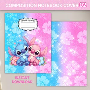 May include: Composition notebook cover featuring a blue and pink design with cartoon characters. The cover has a floral pattern and the text "COMPOSITION NOTEBOOK COVER 02" and "INSTANT DOWNLOAD". The notebook has a composition book label.