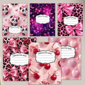 K&ouml;nnte beinhalten: Sechs Notizhefte mit verschiedenen Mustern, darunter Pandas mit rosa Schleifen, eine violette Galaxie mit Schleifen und Monden, rosa Leopardenmuster mit gro&szlig;en Schleifen, rote Kirschen mit rosa Schleifen und rosa Herzen.