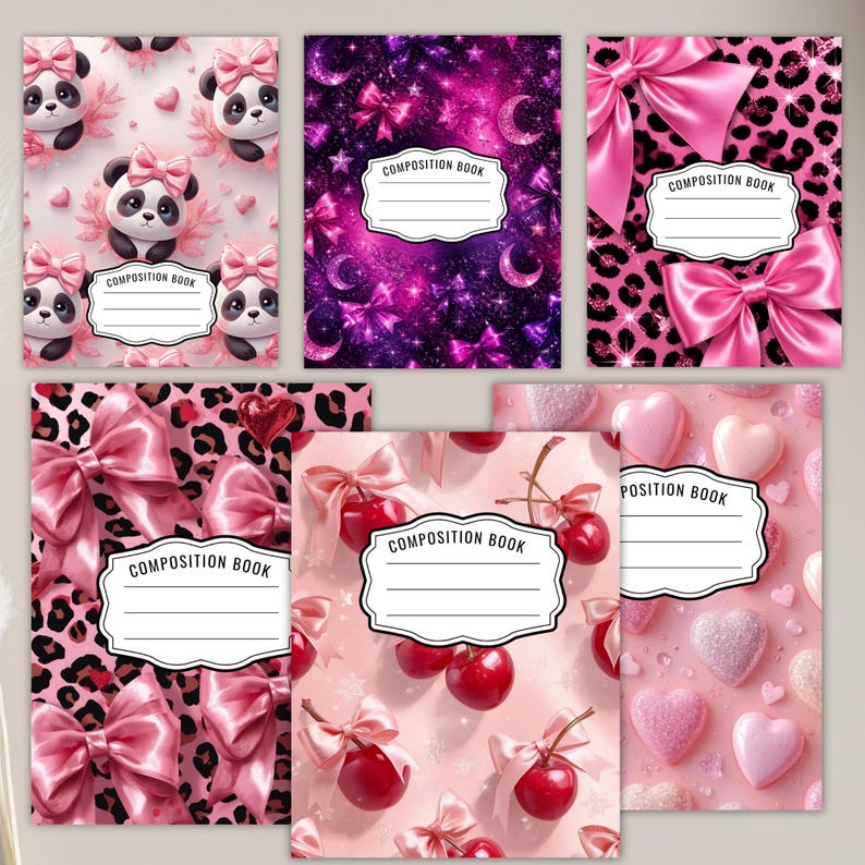 K&ouml;nnte beinhalten: Sechs Notizhefte mit verschiedenen Mustern, darunter Pandas mit rosa Schleifen, eine violette Galaxie mit Schleifen und Monden, rosa Leopardenmuster mit gro&szlig;en Schleifen, rote Kirschen mit rosa Schleifen und rosa Herzen.
