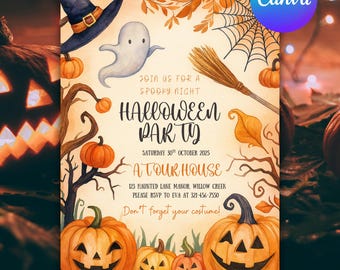 May include: A Halloween party invitation featuring watercolor illustrations of pumpkins, a ghost, a witch hat, a broom, and a spider web. The text reads: Join us for a spooky night, Halloween party, Saturday 30th October 2025, at tour house, 123 Haunted Lane Manor, Willow Creek, please RSVP to Eva at 321-456-7550, Don't forget your costume!