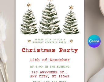 May include: A white Christmas party invitation featuring three watercolour Christmas trees with gold star toppers. The text includes party details: date, time, location, and RSVP information, all in a festive red font.