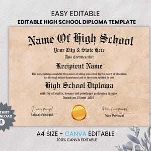 Editable High School Diploma Template, Printable Home School Diploma,High School Graduation Certificate,Diploma Replica,DYI Diploma Template