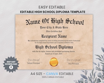 Editable High School Diploma Template, Printable Home School Diploma,High School Graduation Certificate,Diploma Replica,DYI Diploma Template