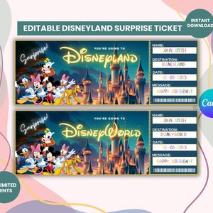 Bearbeitbares Disneyland Surprise Ticket, Disneyworld Ticket, Überraschungsticketgeschenk, Freizeitparkticket, Canva druckbare Ticketvorlage