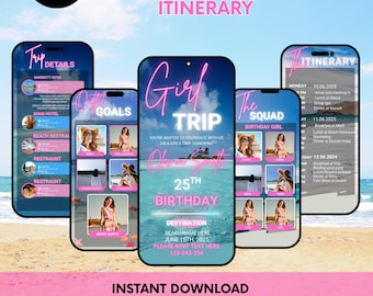 Animated Girls Trip Itinerary Invitation: Editable Canva Template (Digital Download)