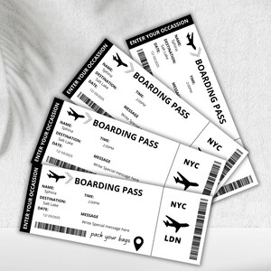 May include: Four black and white boarding passes with the text "BOARDING PASS" and the words "NYC" and "LDN" printed on them. The passes have a plane icon, a time, a message section, and a date.