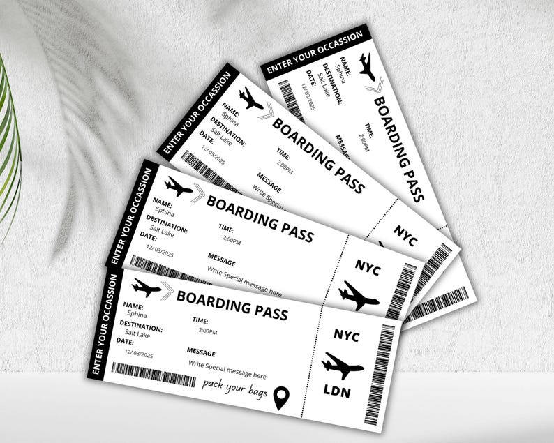 May include: Four black and white boarding passes with the text "BOARDING PASS" and the words "NYC" and "LDN" printed on them. The passes have a plane icon, a time, a message section, and a date.