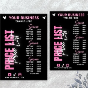 Może przedstawiać: Dwie czarne i r&oacute;żowe listy cen z tekstem "YOUR BUSINESS TAGLINE HERE" u g&oacute;ry. Listy cen mają r&oacute;żowy "PRICE LIST" z białym neonowym napisem "Price List" nałożonym na niego. Listy cen zawierają listę usług z cenami, ikony medi&oacute;w społecznościowych i adres strony internetowej.