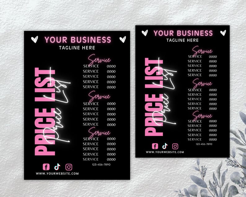 Może przedstawiać: Dwie czarne i r&oacute;żowe listy cen z tekstem "YOUR BUSINESS TAGLINE HERE" u g&oacute;ry. Listy cen mają r&oacute;żowy "PRICE LIST" z białym neonowym napisem "Price List" nałożonym na niego. Listy cen zawierają listę usług z cenami, ikony medi&oacute;w społecznościowych i adres strony internetowej.