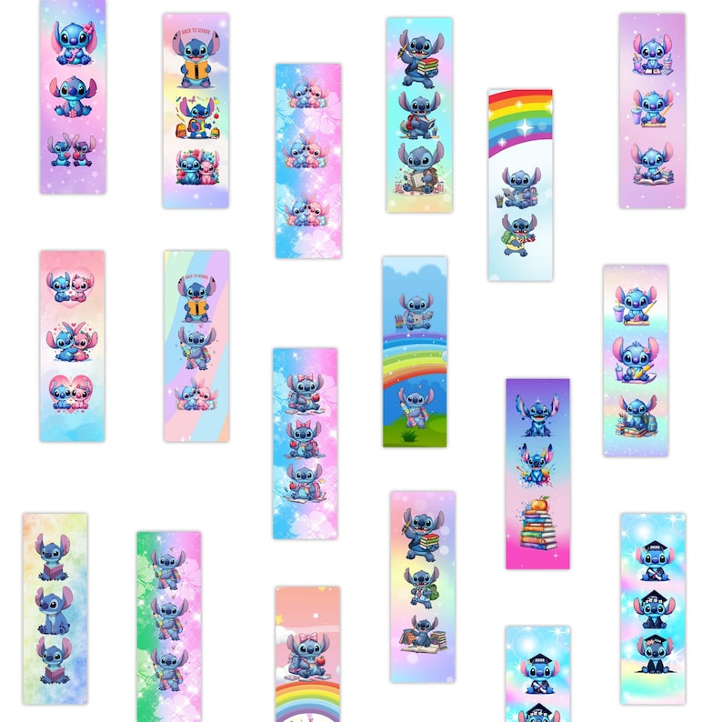 May include: A collection of colorful bookmarks featuring the character Stitch from Lilo & Stitch. The bookmarks showcase Stitch in various poses, with backgrounds of rainbows, hearts, and books. The bookmarks are rectangular and have a glossy finish.