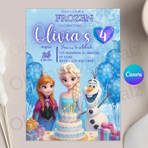 Modello di invito modificabile per il 4° compleanno di Frozen, invito stampabile per la festa di compleanno di Elsa di Frozen, invito di compleanno di Frozen per qualsiasi età, Canva Pdf