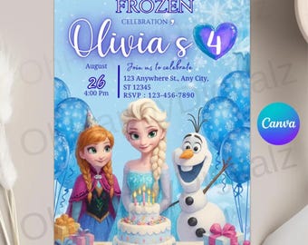 Plantilla editable de invitación de cumpleaños de Frozen para el 4.º cumpleaños, invitación imprimible para fiesta de cumpleaños de Elsa de Frozen, invitación de cumpleaños de Frozen para cualquier edad, Canva Pdf