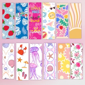 May include: A collection of colorful bookmarks with various summer-themed designs. The bookmarks feature illustrations of strawberries, tropical leaves, beach scenes, and floral patterns. Some bookmarks have text that says "Summer Vibes" and "Hello Summer".