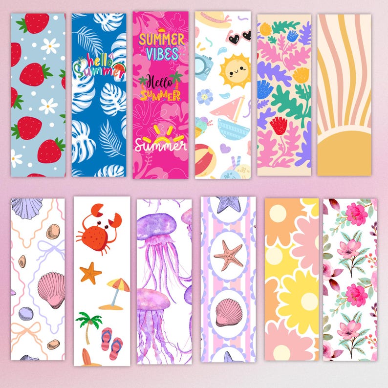 May include: A collection of colorful bookmarks with various summer-themed designs. The bookmarks feature illustrations of strawberries, tropical leaves, beach scenes, and floral patterns. Some bookmarks have text that says "Summer Vibes" and "Hello Summer".