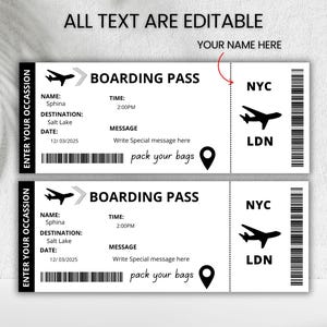 May include: A black and white printable boarding pass template with the text "BOARDING PASS" and "NYC" and "LDN". The text "ENTER YOUR OCCASSION" is on the left side of the template. The text "ALL TEXT ARE EDITABLE" and "YOUR NAME HERE" is at the top of the template.