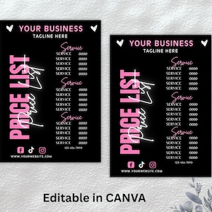 Może przedstawiać: Szablon listy cenowej w kolorze czarnym i r&oacute;żowym dla firmy. Szablon zawiera tekst "YOUR BUSINESS" i "TAGLINE HERE" u g&oacute;ry. Tekst "PRICE LIST" znajduje się w dużych r&oacute;żowych literach po lewej stronie szablonu. Szablon zawiera listę usług i cen. Szablon zawiera r&oacute;wnież ikony medi&oacute;w społecznościowych i adres strony internetowej.